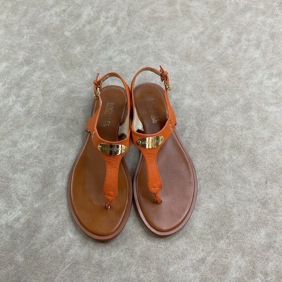 Michael Kors Sandals MK Gold Logo Plate Thong Sandals Orange Women Sz 6.5 - Picture 2 of 14